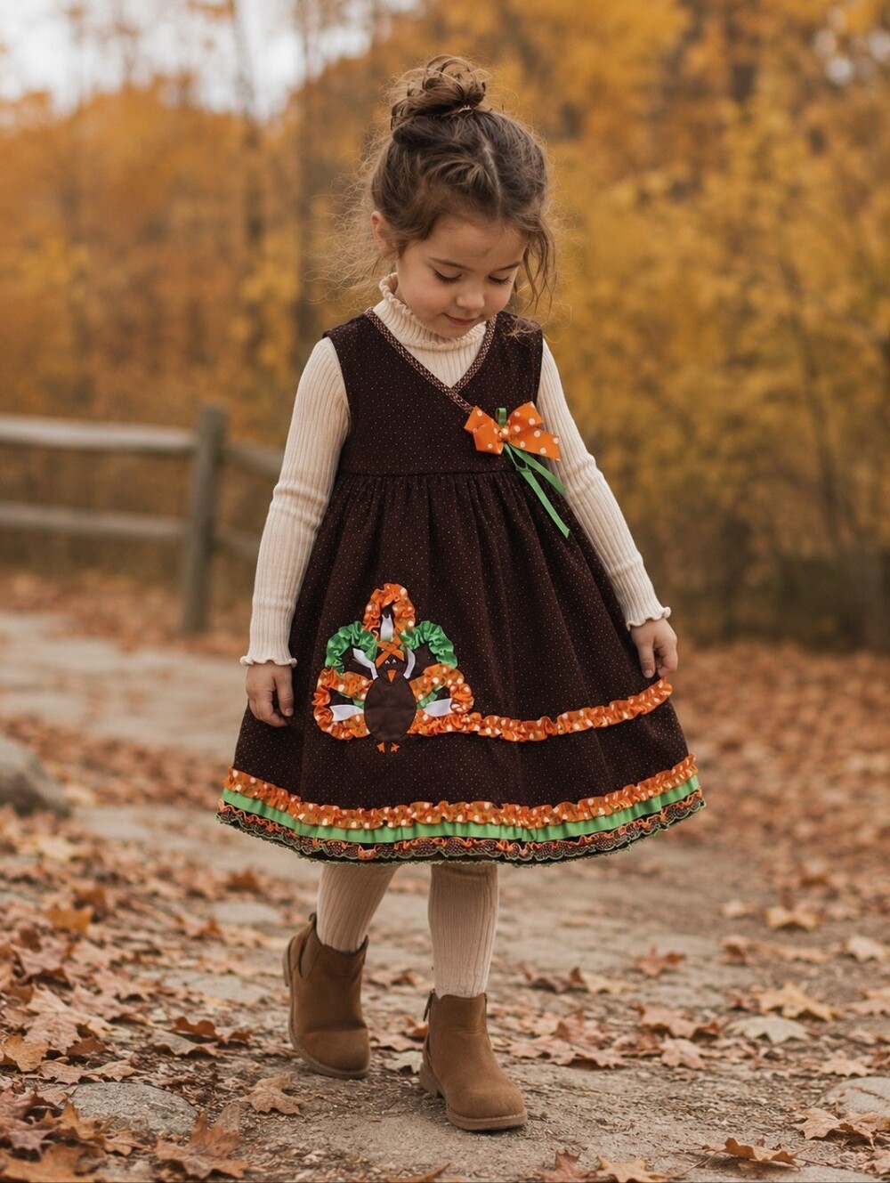 Bonnie Jean Girls 4T Thanksgiving Turkey Corduroy Dress Fall Holiday Bow